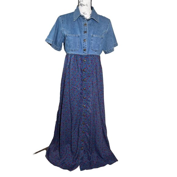 Cherokee Dresses & Skirts - VTG Cherokee Denim Ditsy Floral Midi Dress Sz Medium Navy Cottage Modest Prairie